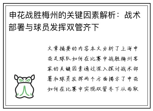 申花战胜梅州的关键因素解析：战术部署与球员发挥双管齐下